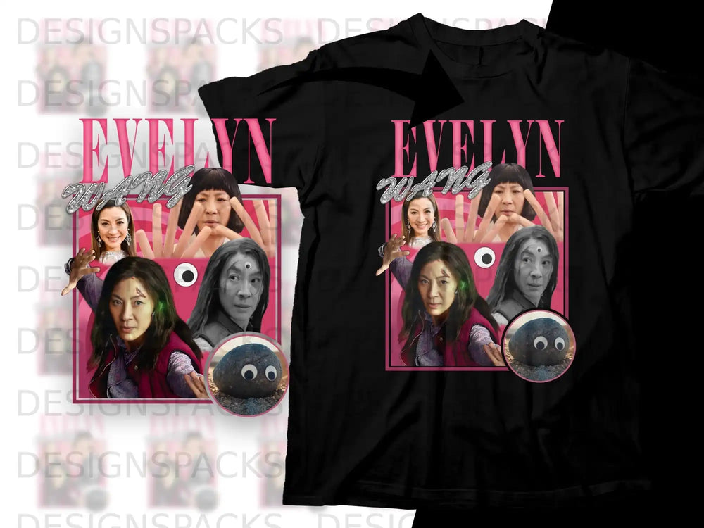 Evelyn Wang t-shirt featuring Michelle Yeoh's face and a rock character.