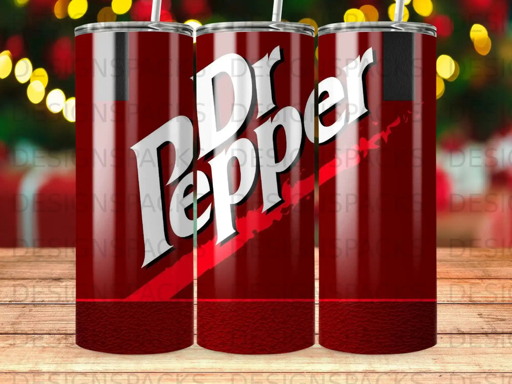 Dr. Pepper logo on red tumblers, background with repeating Dr. Pepper logo.