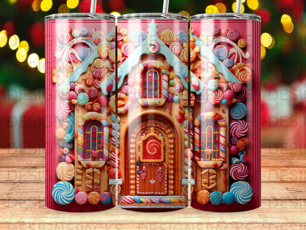 Pink gingerbread house decorated with colorful candies and icing, set against a bokeh background.