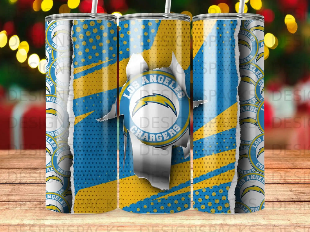 Los Angeles Chargers logo on a distressed, torn metal tumbler.