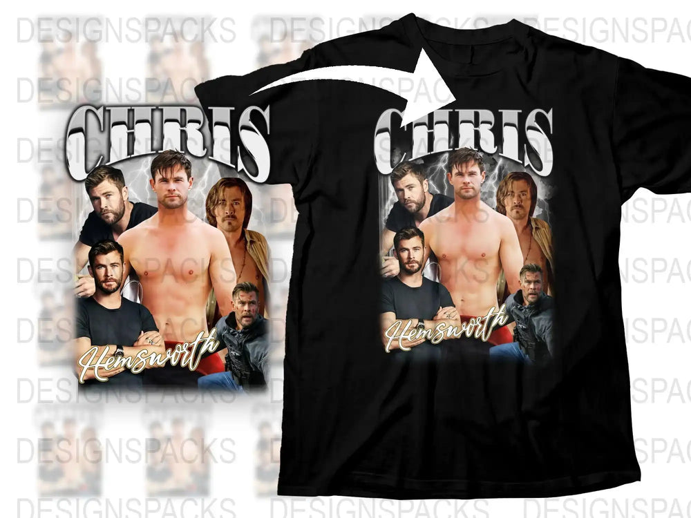 Chris Hemsworth Graphic T-Shirt, Movie Star Fan Shirt, Men's Black Tee, Unique Celebrity Print Shirt.