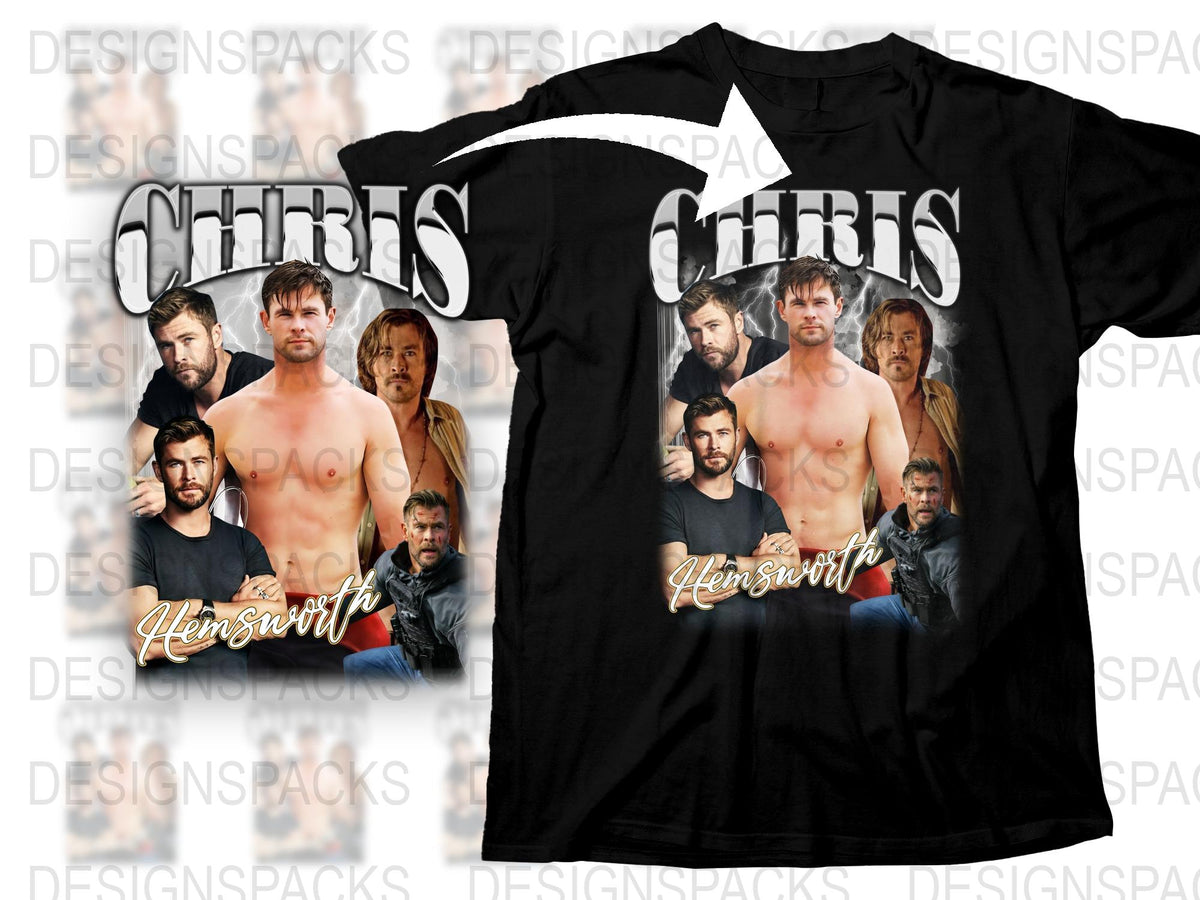Chris Hemsworth Graphic T-Shirt, Movie Star Fan Shirt, Men's Black Tee, Unique Celebrity Print Shirt.