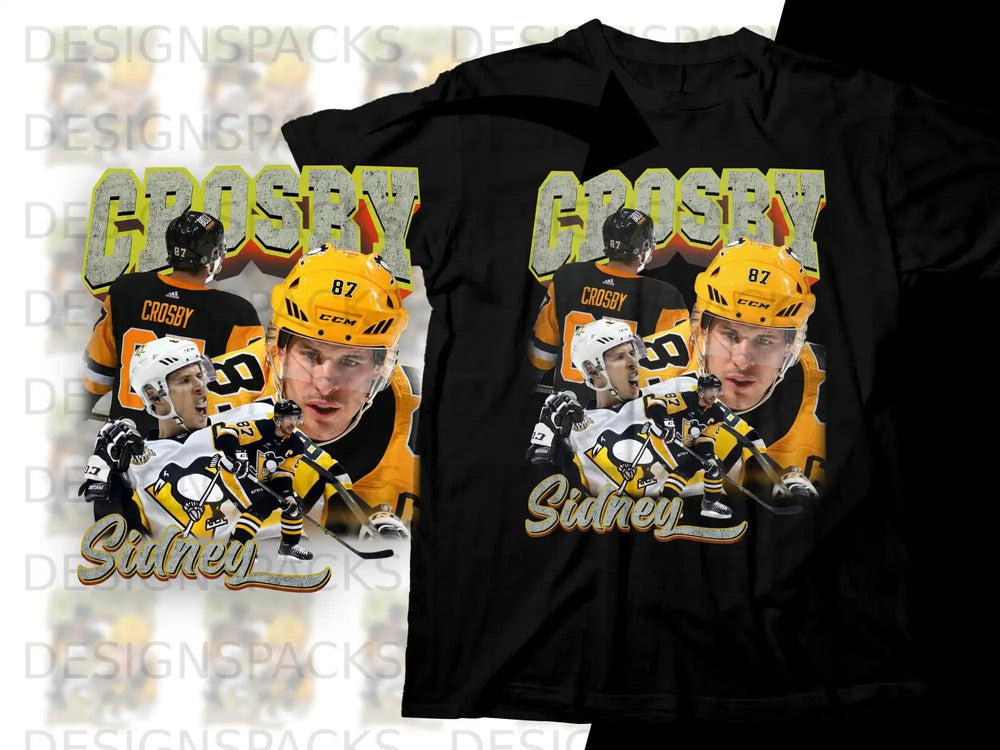 Sidney Crosby 87 hockey collage on black t-shirt.