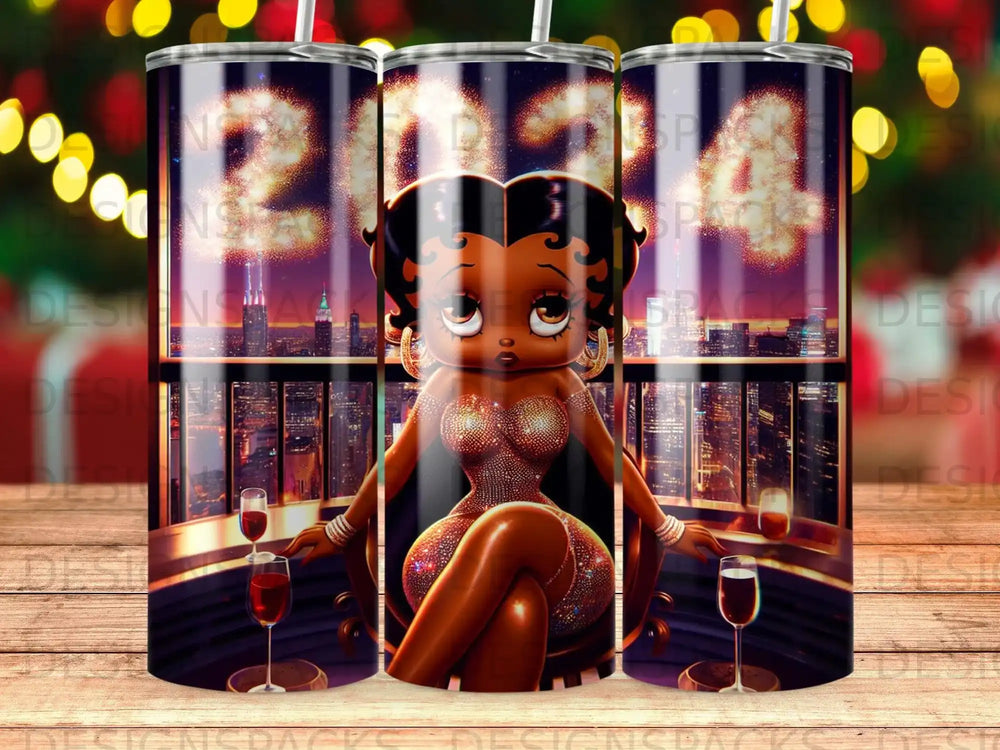 Betty Boop character in sparkly dress seated with wine glasses, cityscape background.
