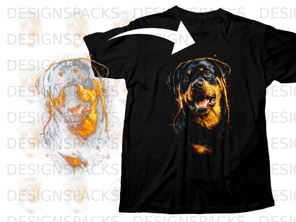Black t-shirt featuring a colorful Rottweiler dog graphic with an artistic watercolor effect.