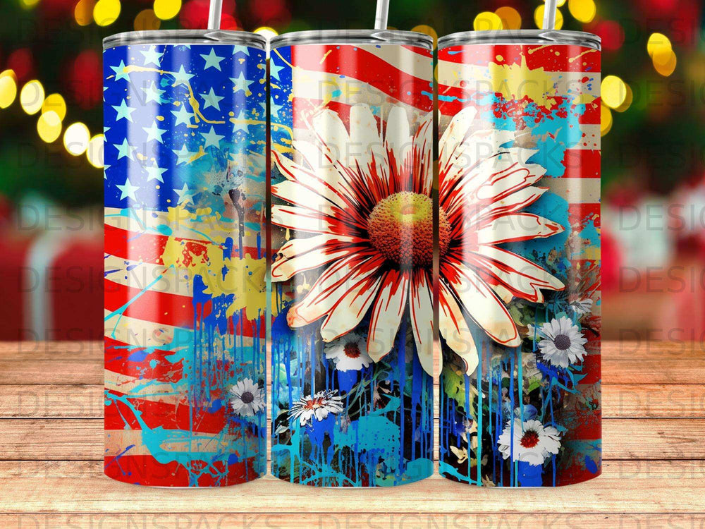 American flag with patriotic splatter and large daisy on a tumbler.