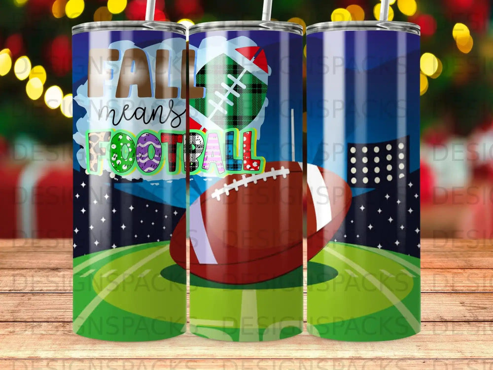 Tumbler with "Fall Means Football" and football graphic on stadium background.