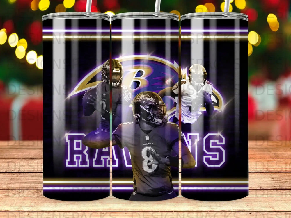 Baltimore Ravens football players and logo on a dark, stylized background.