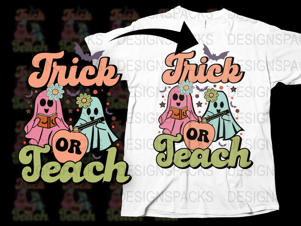 Trick or Teach Halloween Teacher T-Shirt, Cute Ghost Graphic Tee, Fall Season Casual Wear, Fun October Apparel