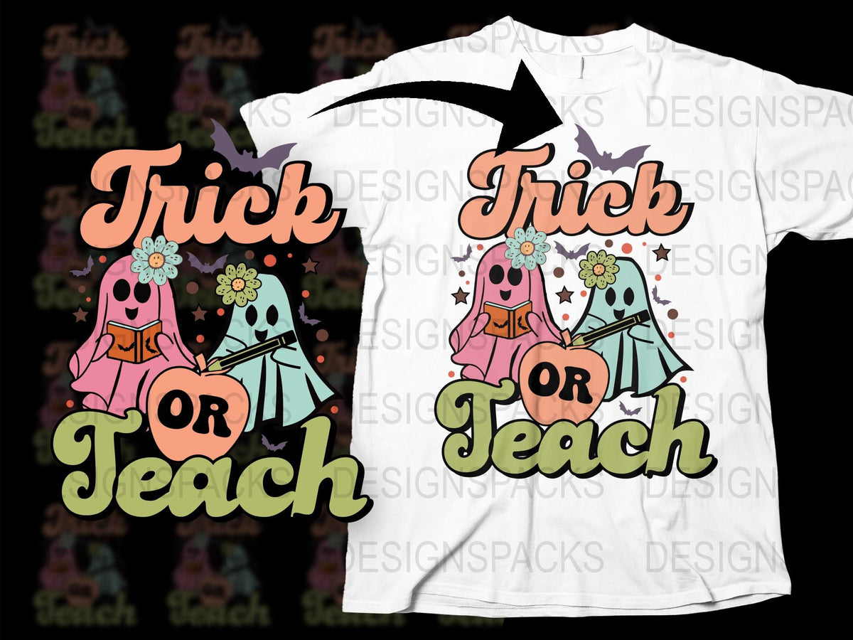 Trick or Teach Halloween Teacher T-Shirt, Cute Ghost Graphic Tee, Fall Season Casual Wear, Fun October Apparel