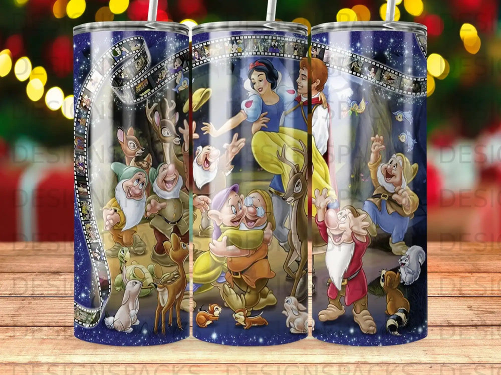 Snow White and the Seven Dwarfs characters with a film strip border.