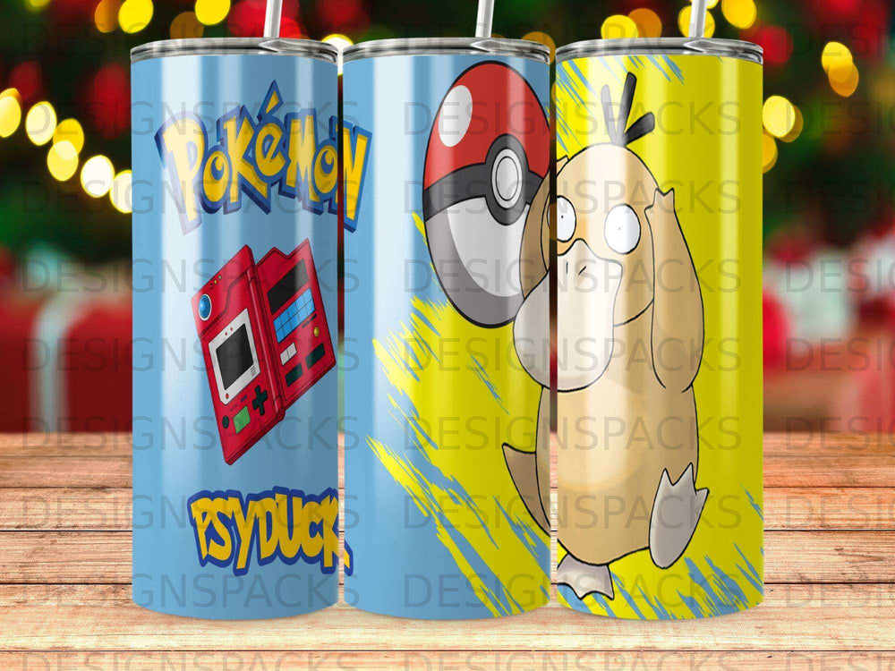 Pokémon-themed tumbler featuring Poké Ball and Pokedex imagery.