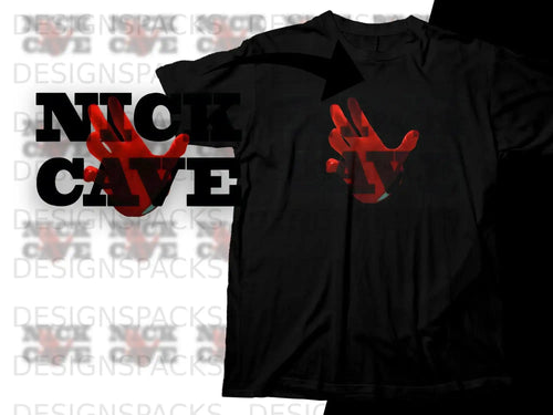 Black t-shirt with a red handprint logo and 