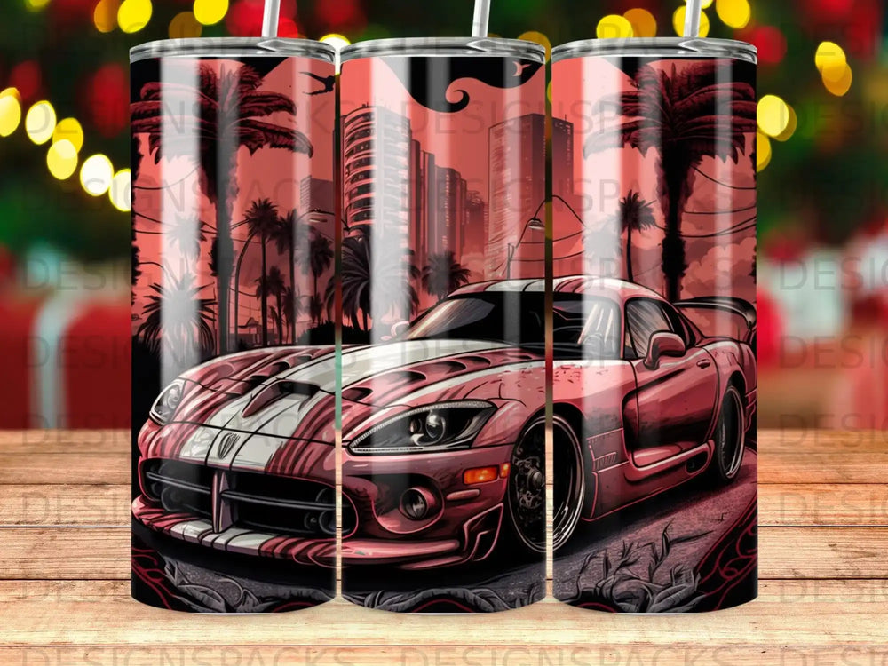 Red Dodge Viper with white racing stripes, cityscape background.