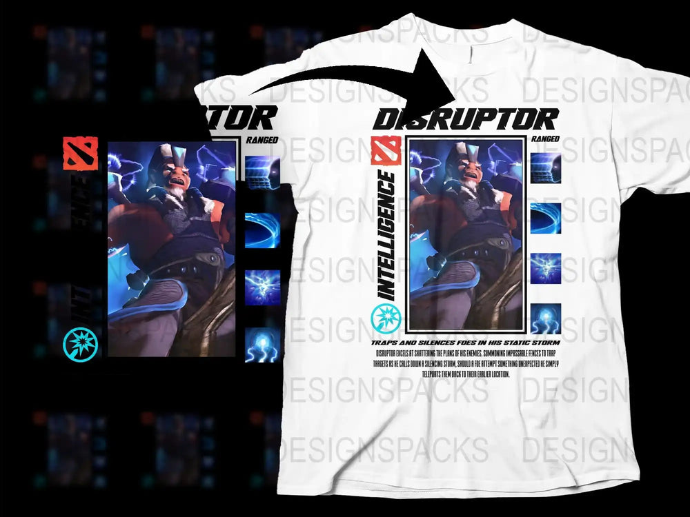 Disruptor Gamer Graphic T-Shirt, Cool Cyberpunk Character Design, Men's White Tee with Colorful Print