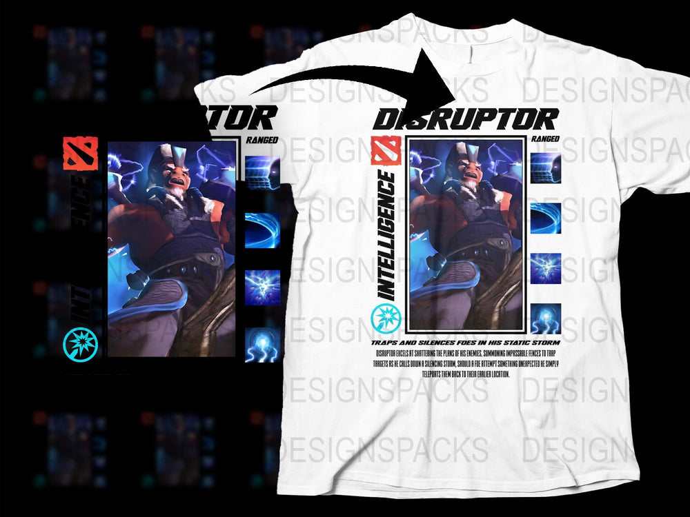 Disruptor Gamer Graphic T-Shirt, Cool Cyberpunk Character Design, Men's White Tee with Colorful Print