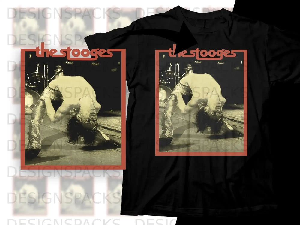 The Stooges band members perform on stage in a vintage photograph.