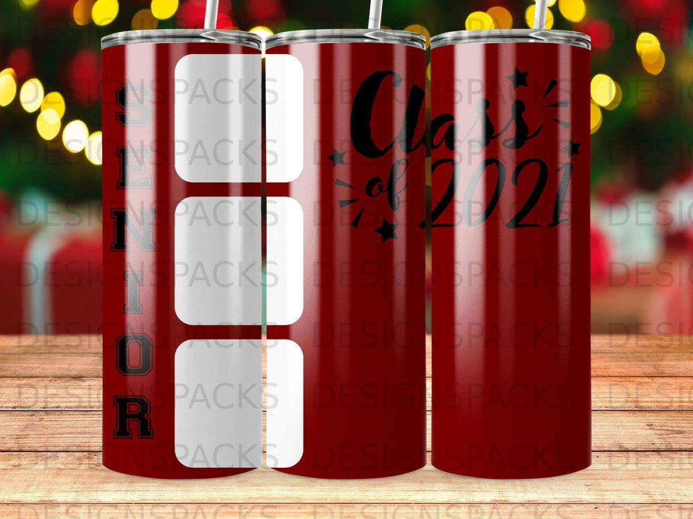 "Class of 2021" text on a red tumbler with white and black designs.