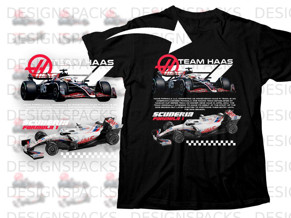 MoneyGram Haas F1 Team Formula 1 car and team graphic on t-shirt.