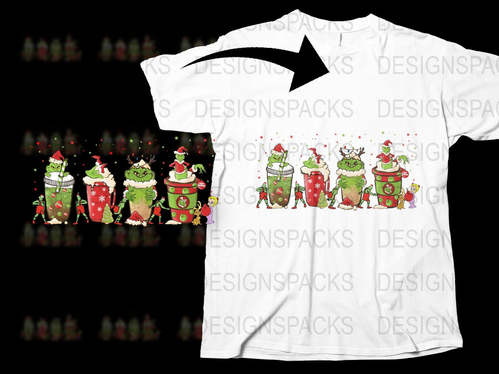 Festive Holiday T-Shirt with Cartoon Grinch and Santa Print, Unisex Christmas Tee, Gift Idea
