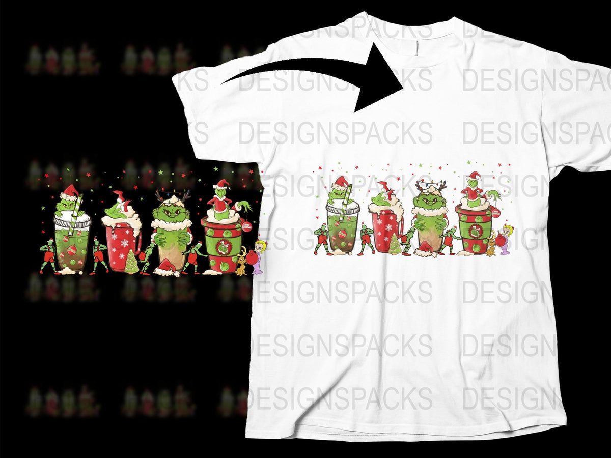 Festive Holiday T-Shirt with Cartoon Grinch and Santa Print, Unisex Christmas Tee, Gift Idea