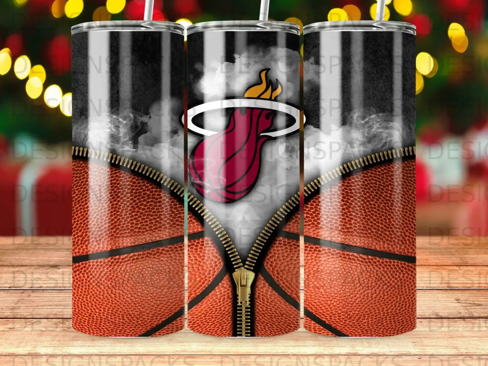 Miami Heat basketball tumbler with zipper graphic and flames.