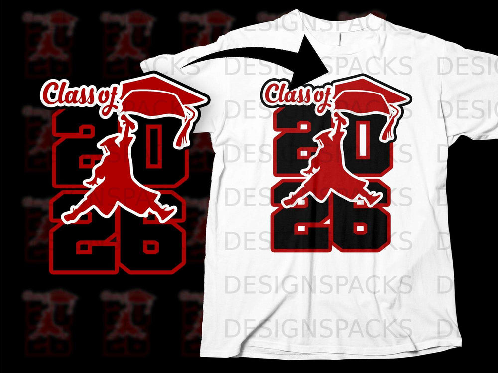 Red graduation design with "Class of 2026" on a white t-shirt.