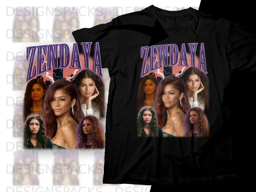 Collage of Zendaya in different poses on a black t-shirt design.