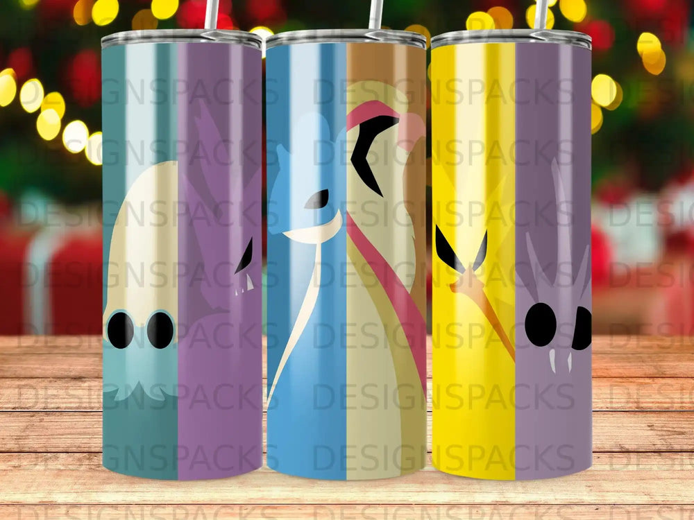 Three tumblers with colorful graphic designs and repeating "DESIGNSPACKS" watermark.