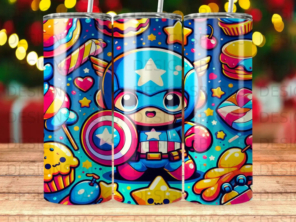 Cartoon superhero with shield and cape, surrounded by colorful sweets and treats.