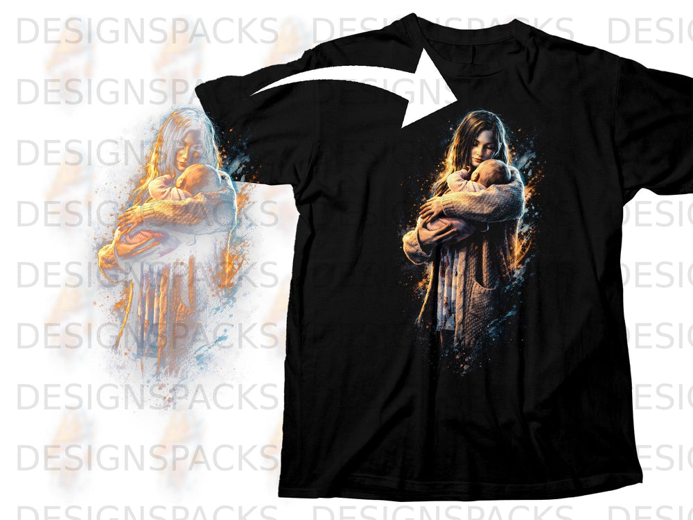 Black t-shirt with a distressed graphic of a woman holding a baby.