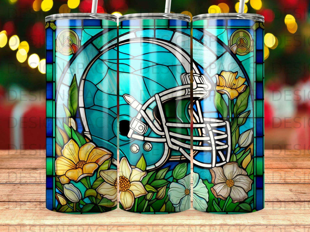 Football helmet in stained glass with floral border.