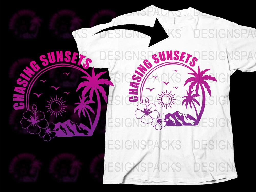 Chasing Sunsets Graphic T-Shirt, Tropical Palm Trees and Sunset Design, Trendy Summer Beach Tee, Unisex White Shirt