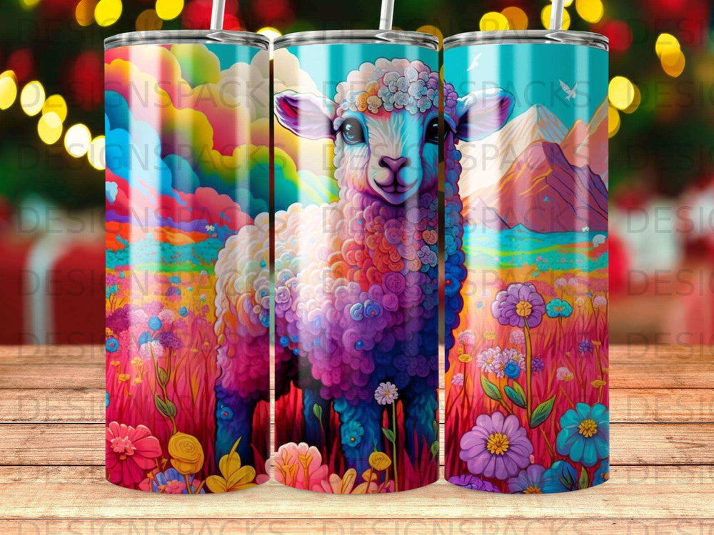 Colorful sheep illustration on a tumbler with flowers and mountains.