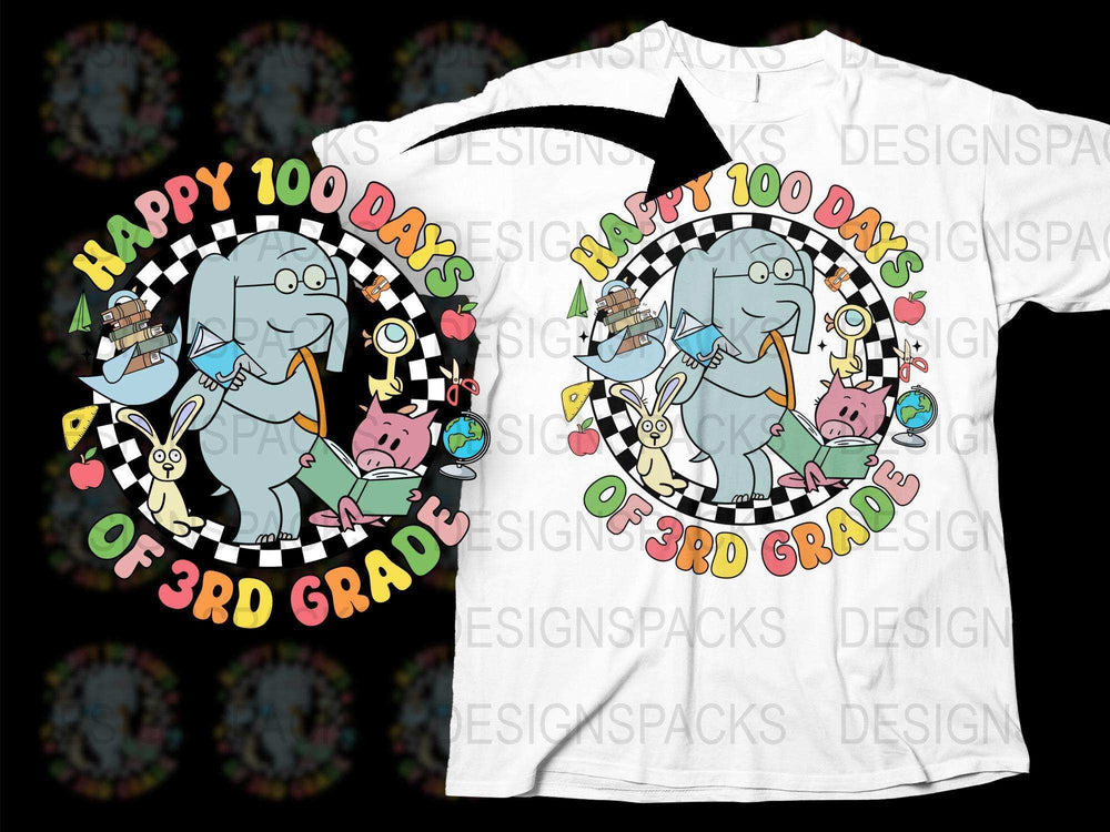 Happy 100 Days of 3rd Grade T-Shirt, Cute Elephant and Animals Celebration Tee for Kids, Colorful School Event Shirt