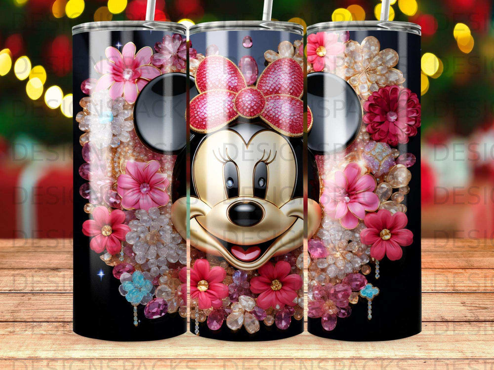 Minnie Mouse face with pink floral and jeweled embellishments on a black tumbler.