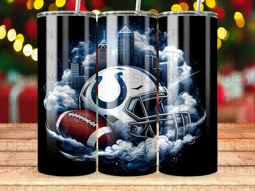 Indianapolis Colts helmet and football with city skyline backdrop.
