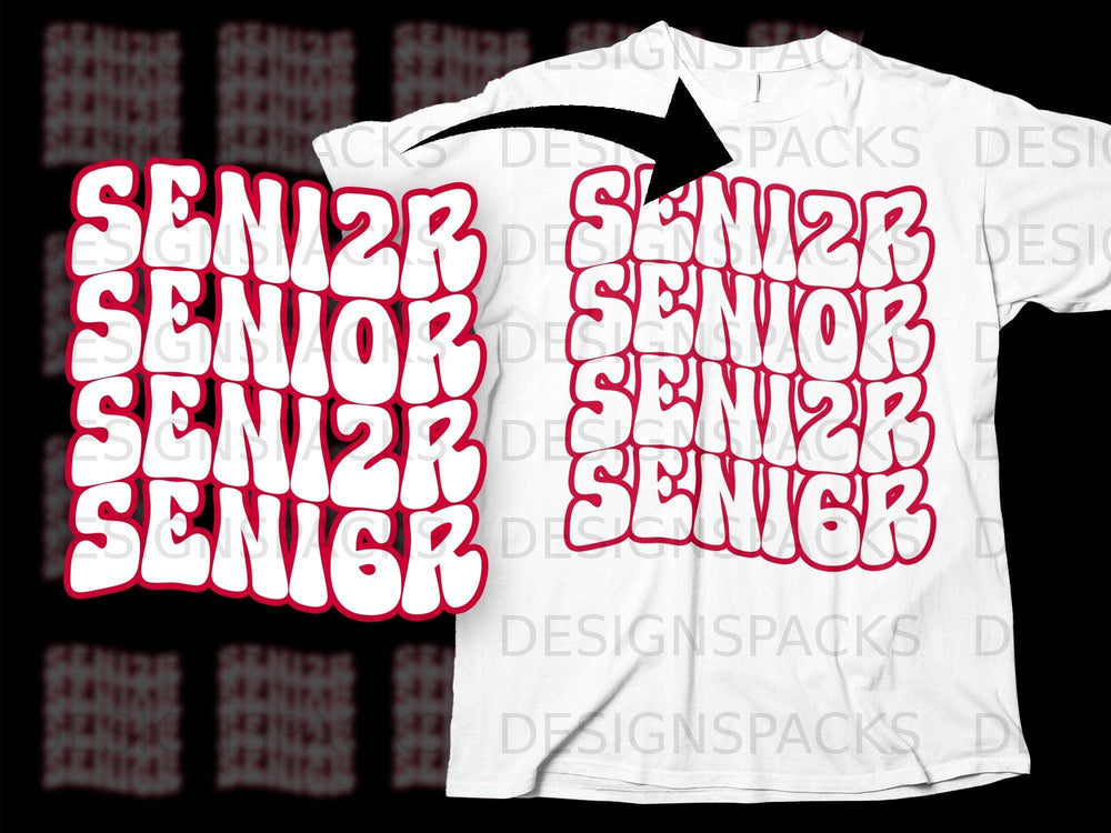 White t-shirt with red bubble text reading "SENIOR" repeated four times.