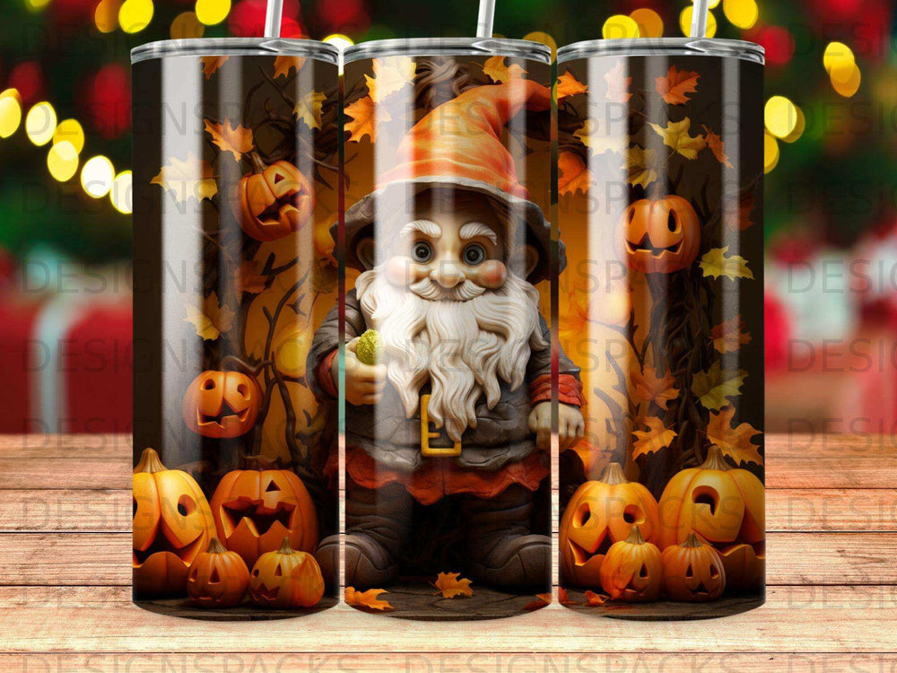 Gnome with pumpkins and autumn leaves on a tumbler.