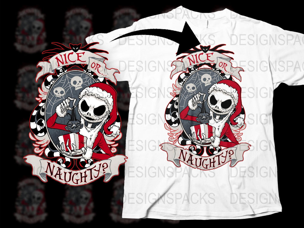 Nice or Naughty Skeleton Cartoon Christmas T-Shirt, Fun Holiday Graphic Tee, Black and White Skull Design Shirt for Adults