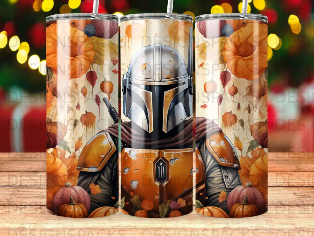 Mandalorian warrior with pumpkins and fall leaves pattern.