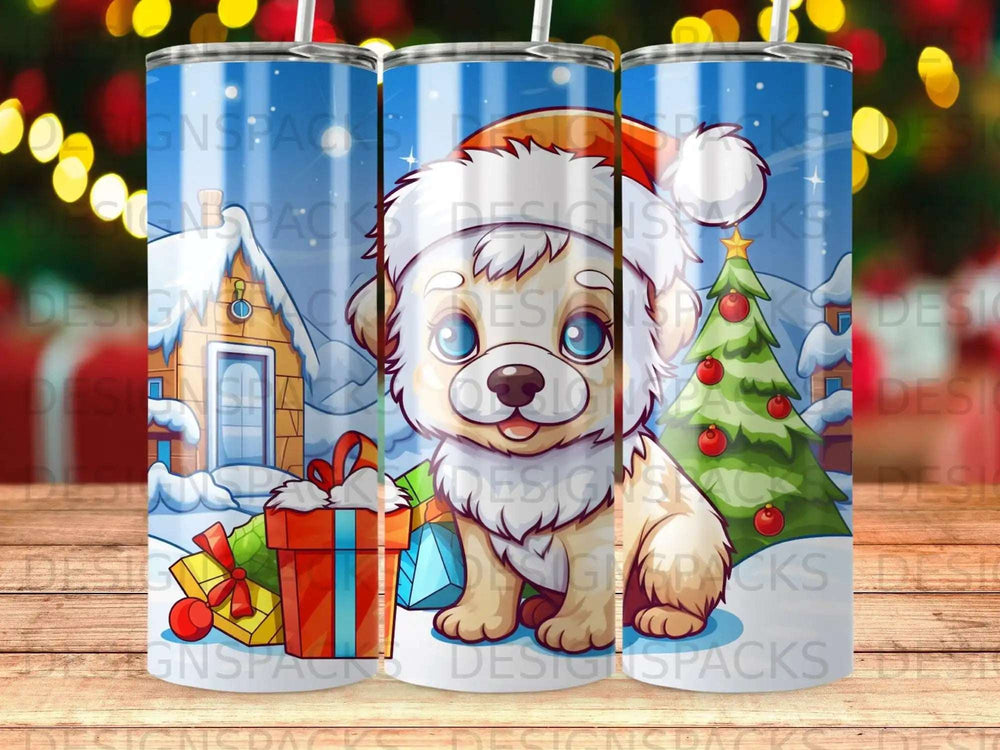 Cartoon dog in Santa hat with presents and Christmas tree.
