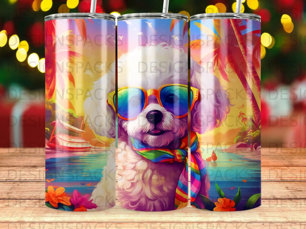 Poodle in sunglasses and scarf on beach with colorful sunset and water.