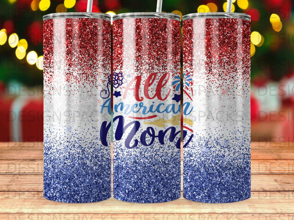 Tumbler with red, white, and blue glitter and "All American Mom" text.