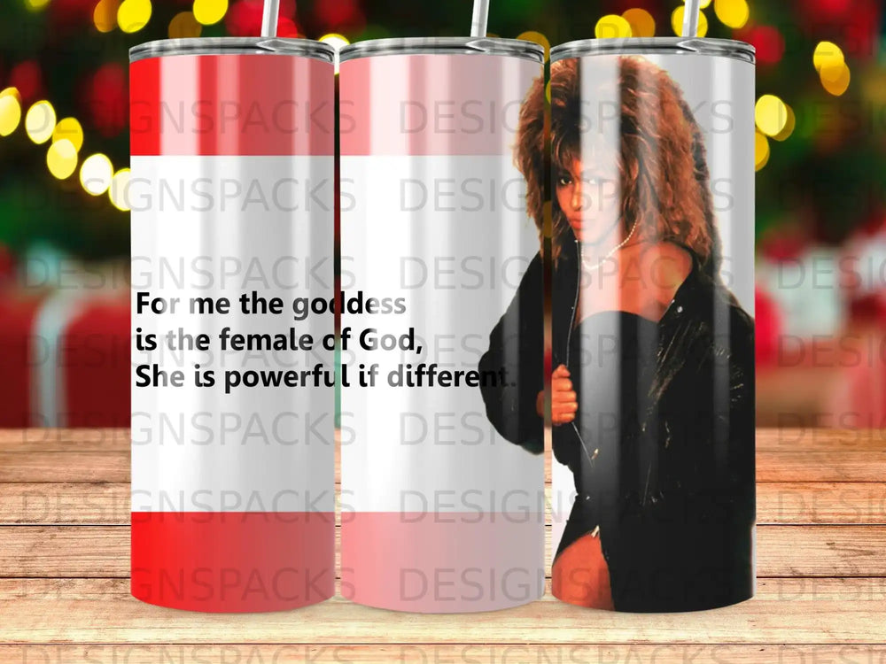Woman with arms crossed, text "For me the goddess is the female of God, she is powerful if different."