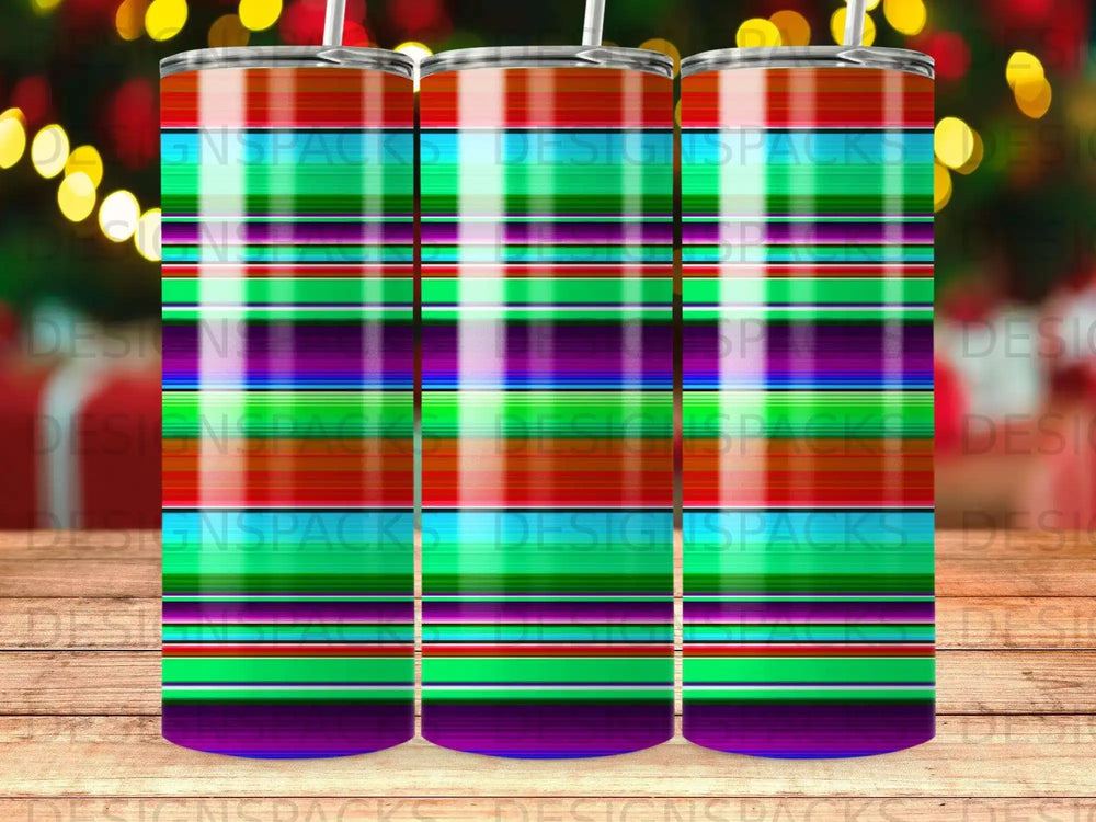 Three cylindrical tumblers with a colorful striped pattern.
