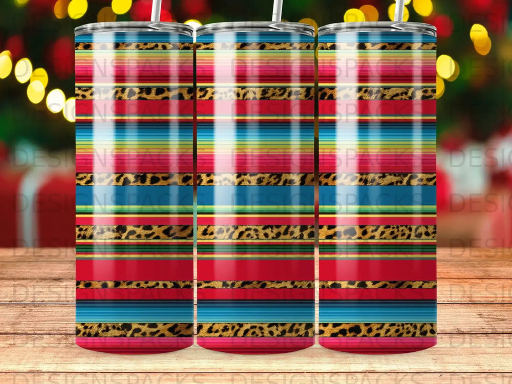 Tumbler with striped and leopard print design.