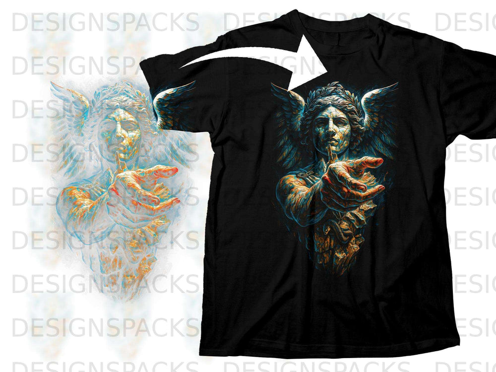 Black t-shirt with winged figure graphic, gesturing with index finger to lips.