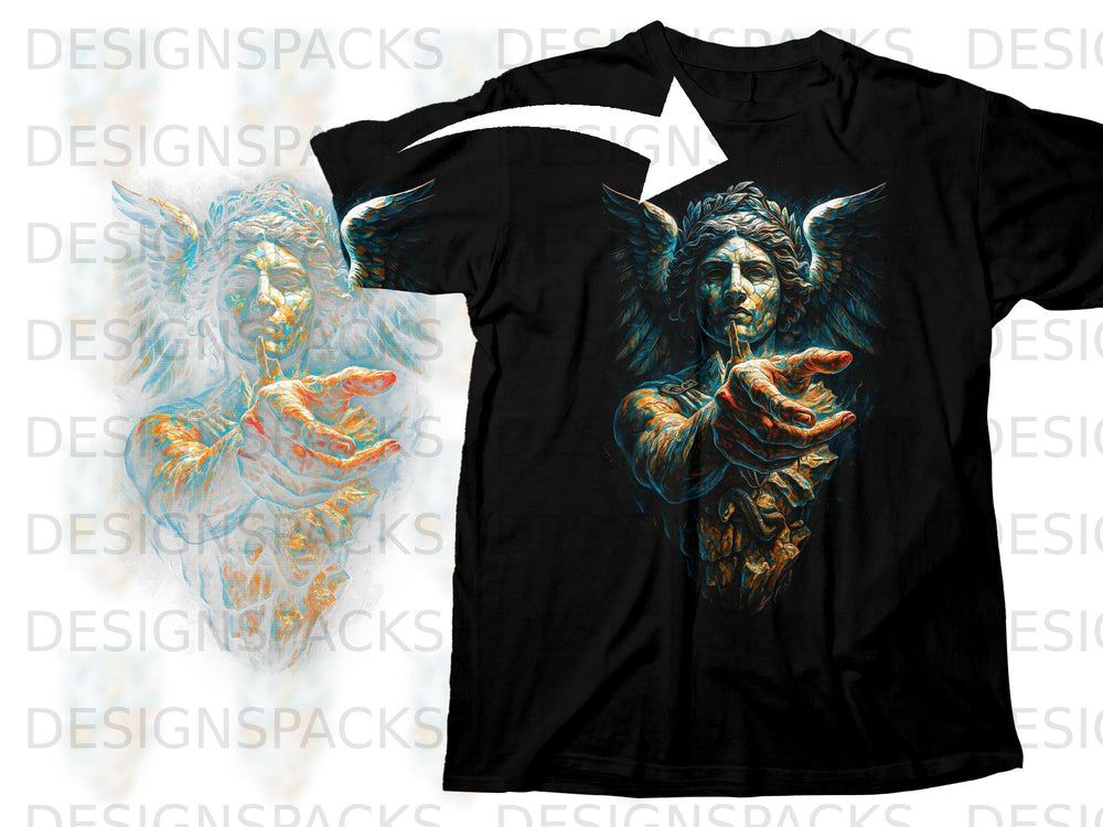 Black t-shirt with winged figure graphic, gesturing with index finger to lips.
