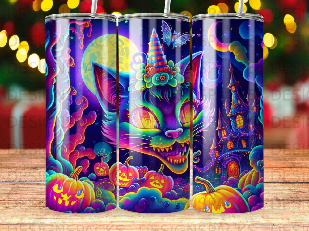 Colorful cat with pumpkins and a haunted castle on a Halloween night.